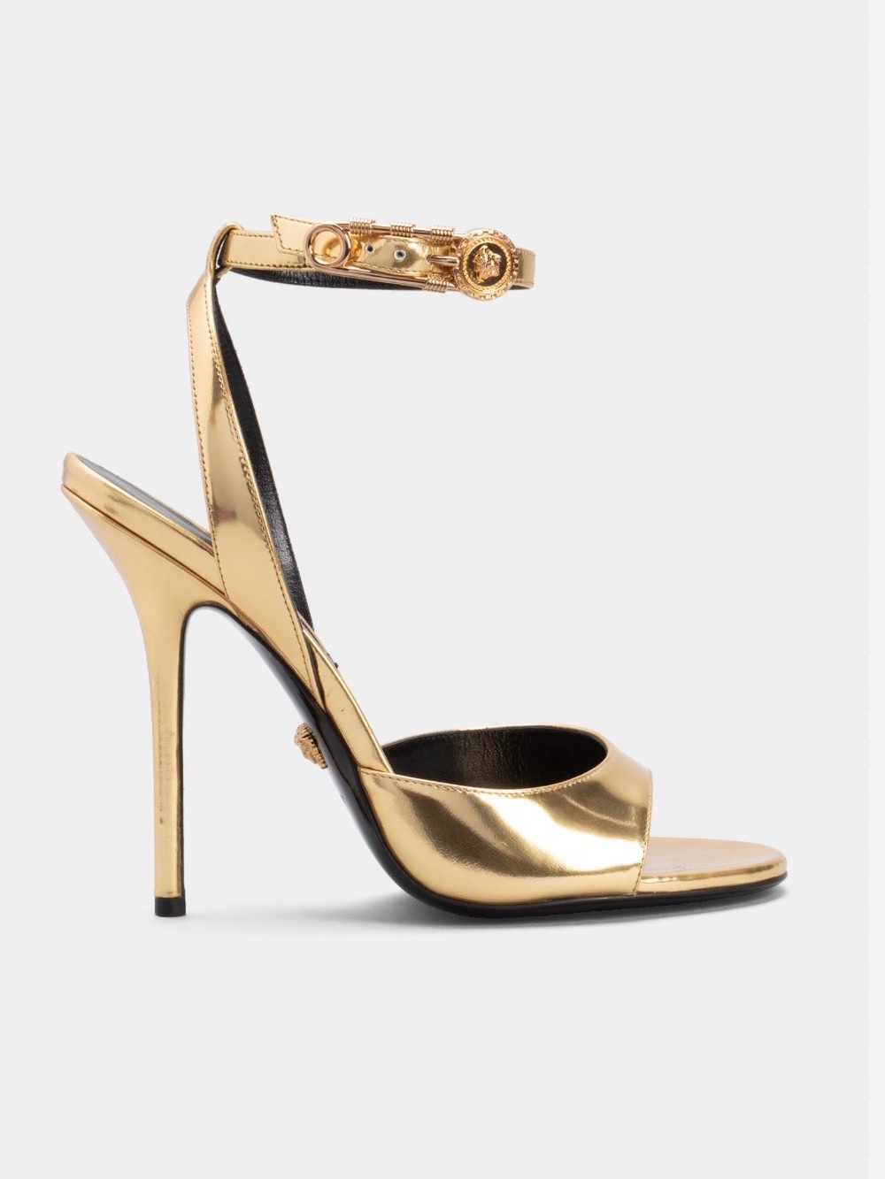 Versace Safety-Pin Gold Metallic Stiletto Ankle-Strap Sandal 37